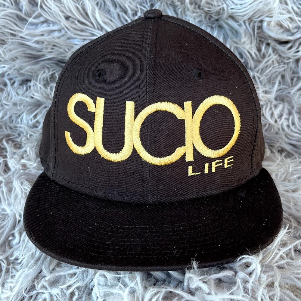 59Fifty New Era Baseball Hat Sucio Life Black Gold OS Adjustable Cap Mens Cotton